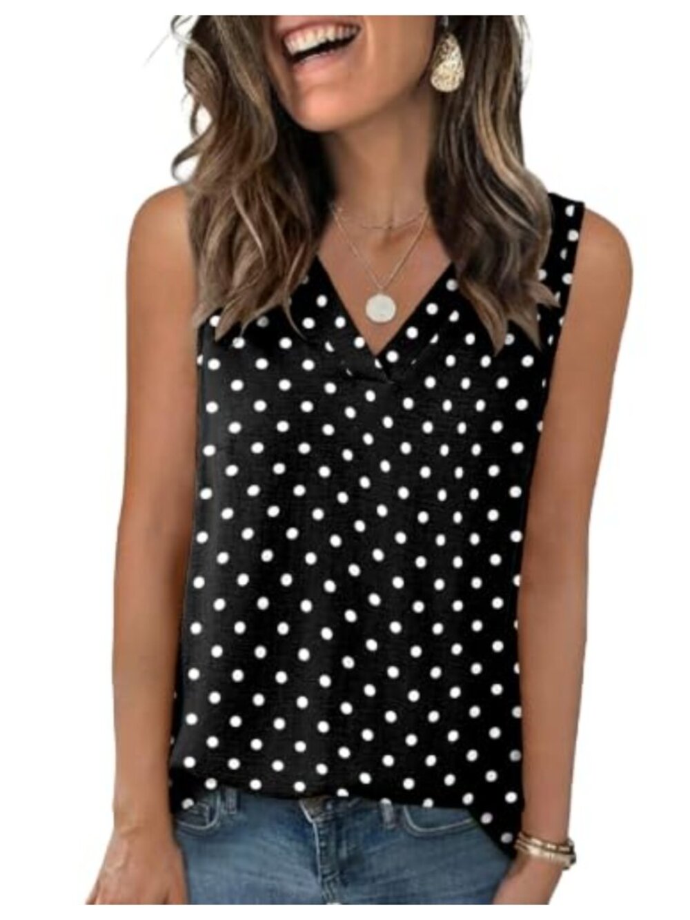 Women's Sleeveless V-Neck Tank Top Textured Summer Blouse Flowy A-Line